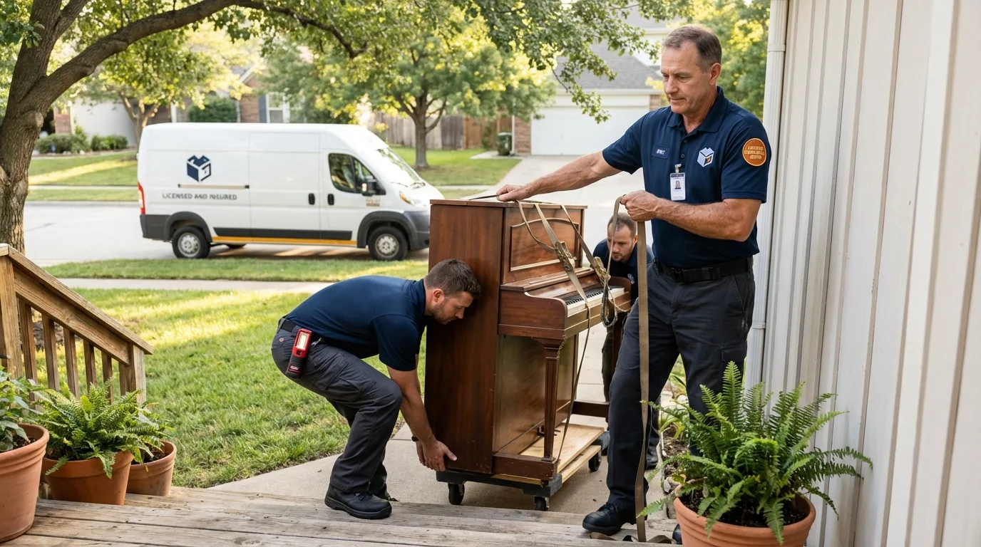 Licensed piano movers securing grand piano in Marion, VA